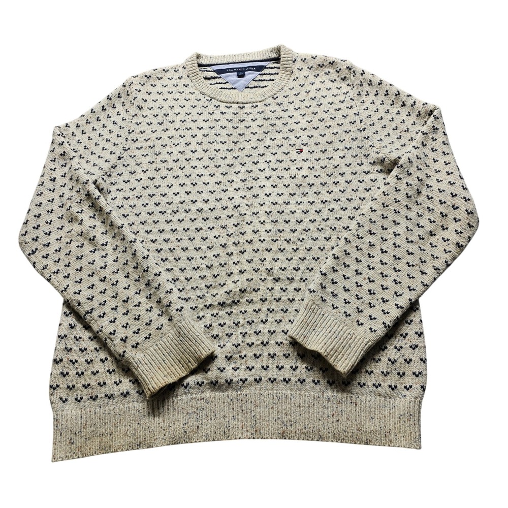 Tommy Hilfiger Pullover Sweater Mens M Cream Navy Blue Cotton Wool 08578A1881